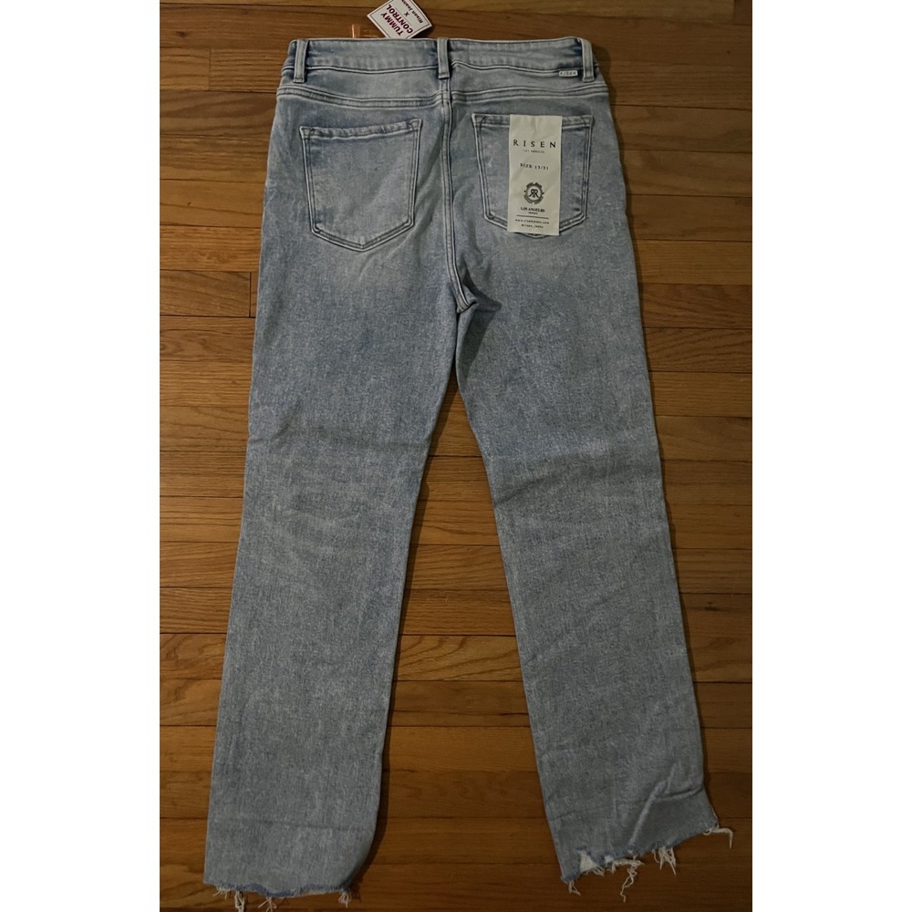 Risen High Rise Tummy Control Raw Hem Light Blue Denim Jeans Women 31 RDP5077